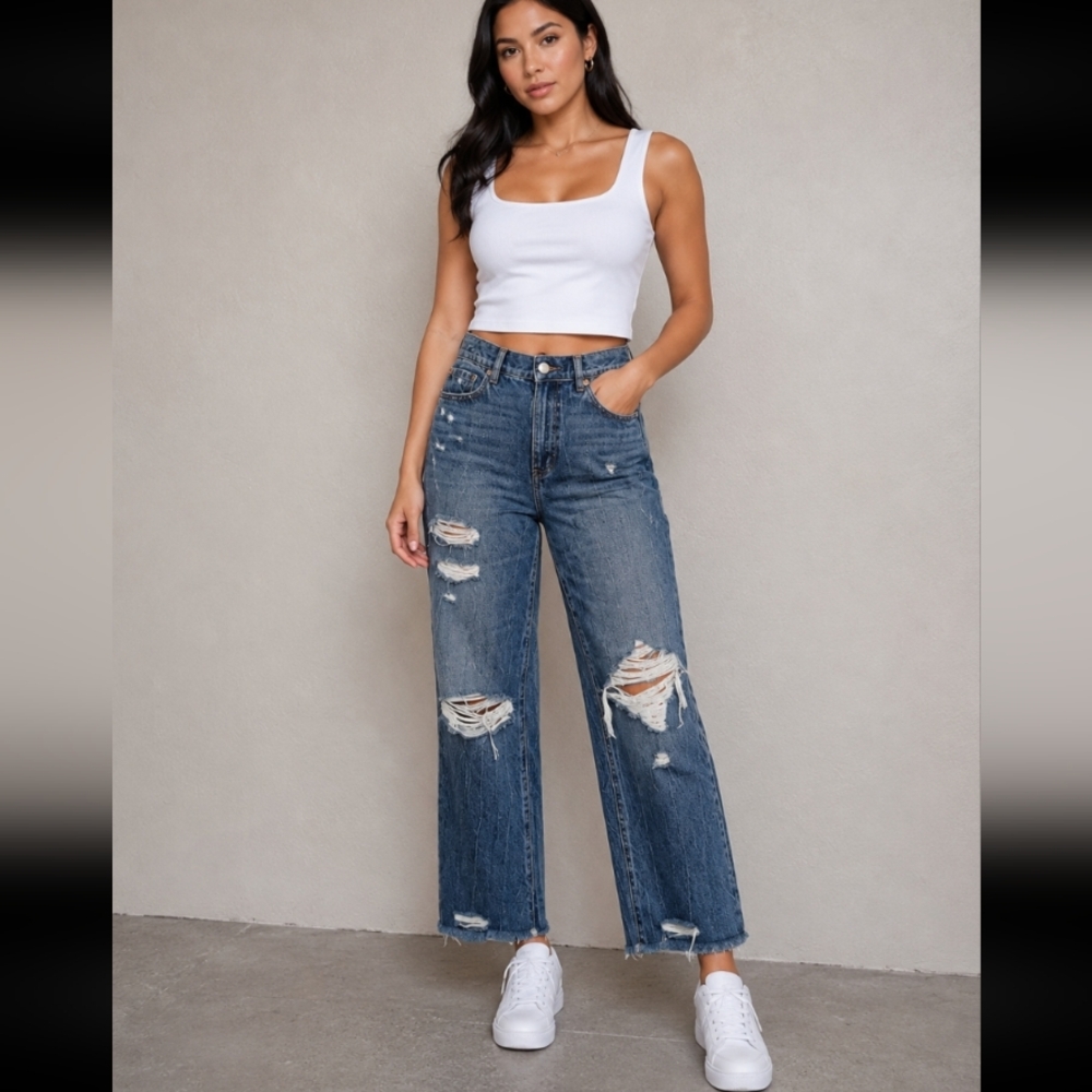 GARAGE JEANS Vintage Straight Distressed Raw Hem Crop Jean 01/25